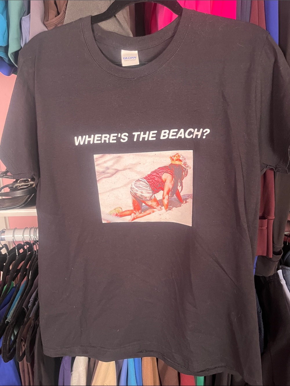 NW: Jersey Shore Gildan Black Short-Sleeve Tee with 'WHERE'S THE BEACH?' Graphic